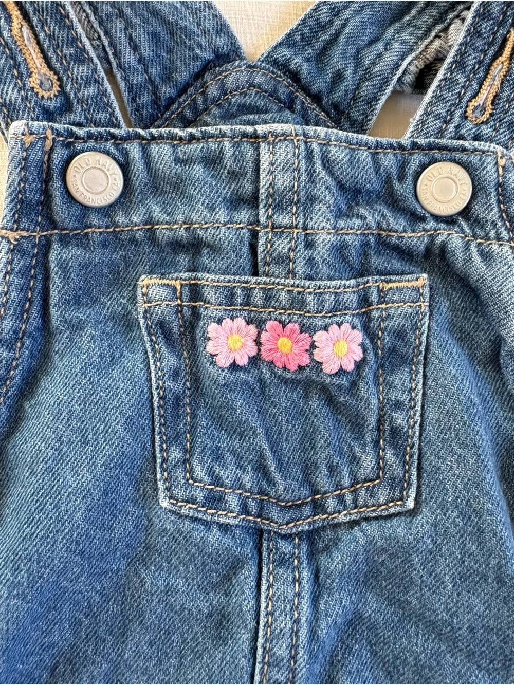 Old Navy Blue Denim Overall Dress with Pink Flower Trim